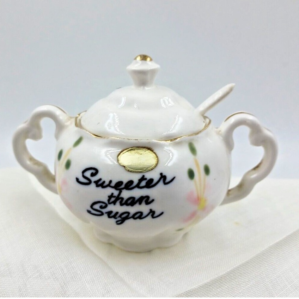 White Ceramic Sugar Bowl with Gold Accents